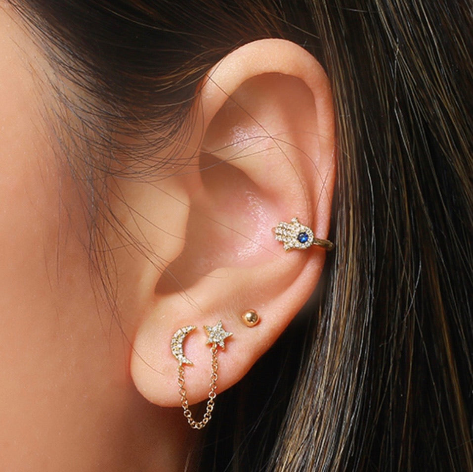 Chained Star + Moon Stud