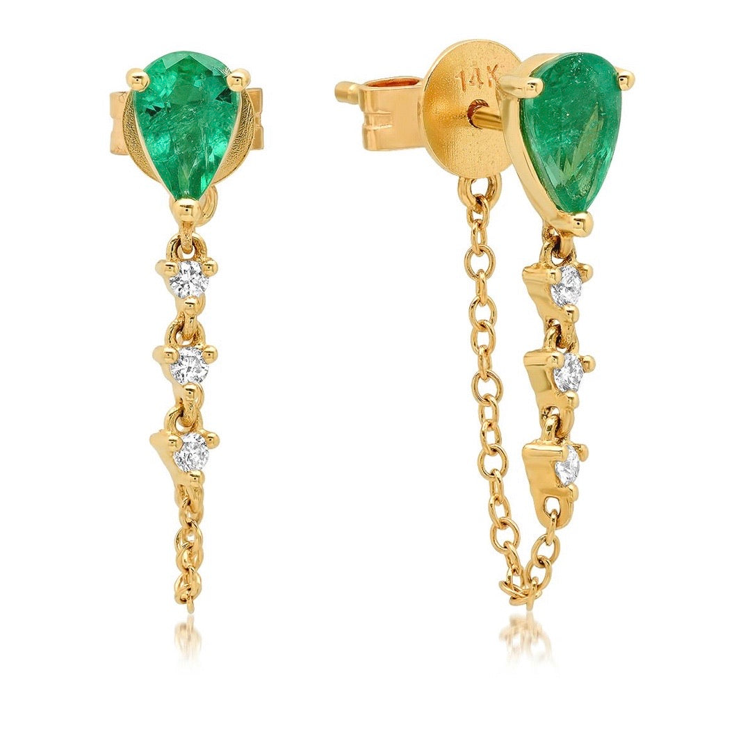 Pear Gemstone + Diamond Drop Chain Studs