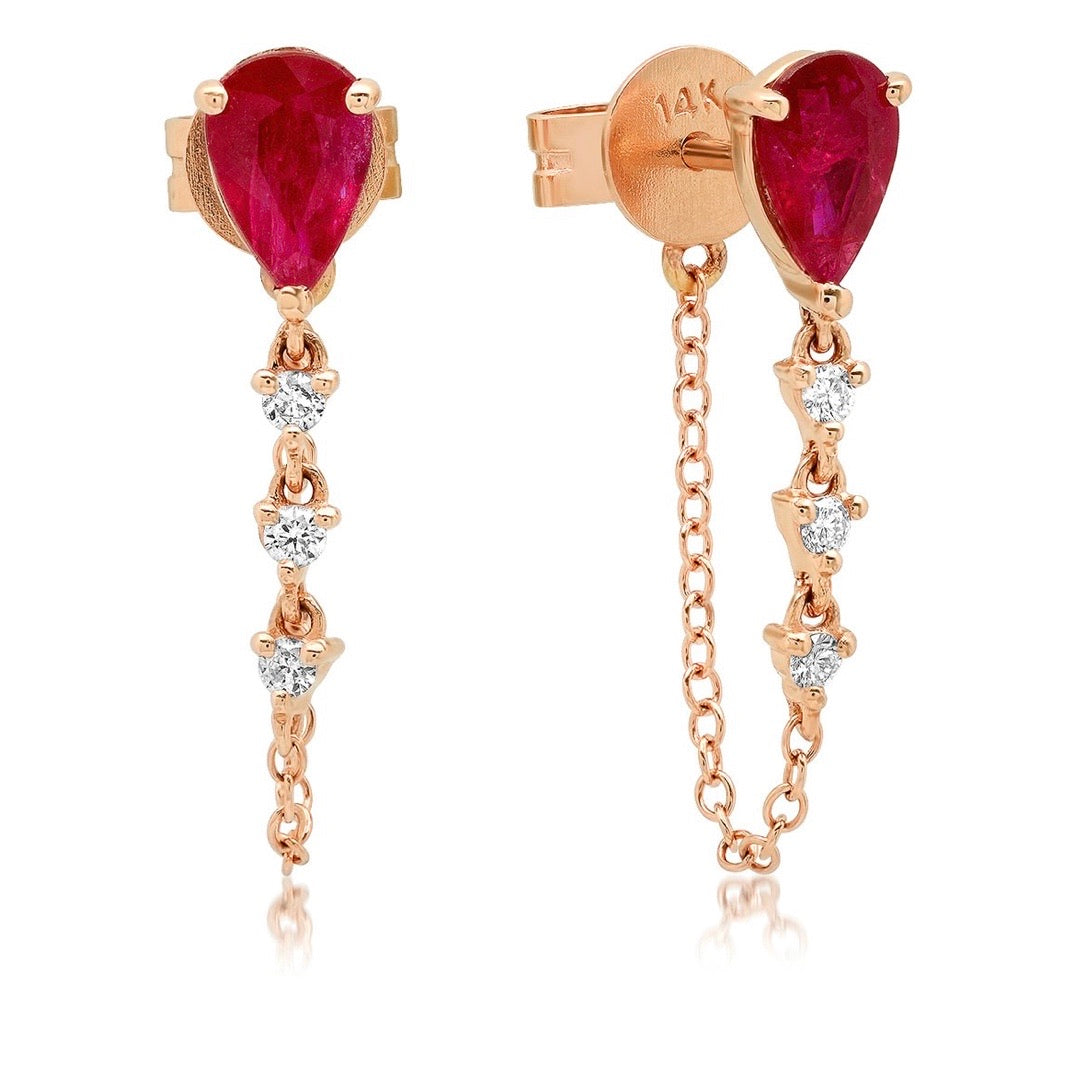 Pear Gemstone + Diamond Drop Chain Studs