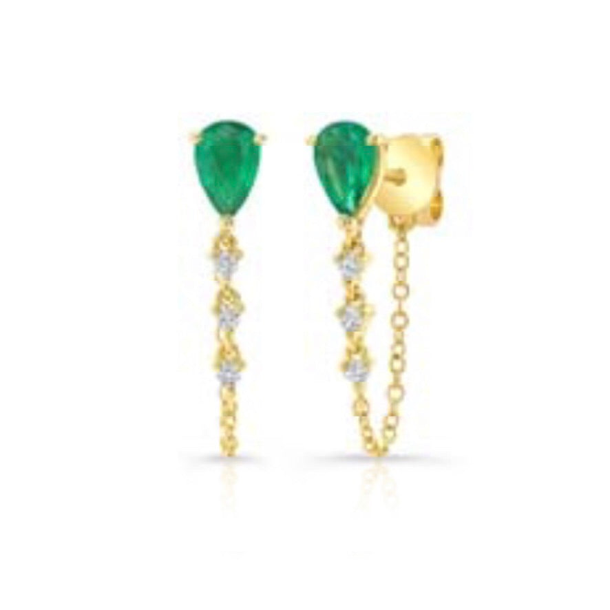 Pear Gemstone + Diamond Drop Chain Studs
