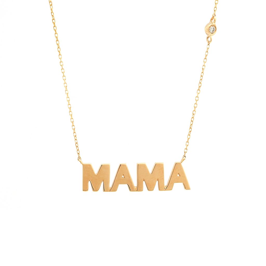 Solid Gold Mama + Diamond Bezel Necklace