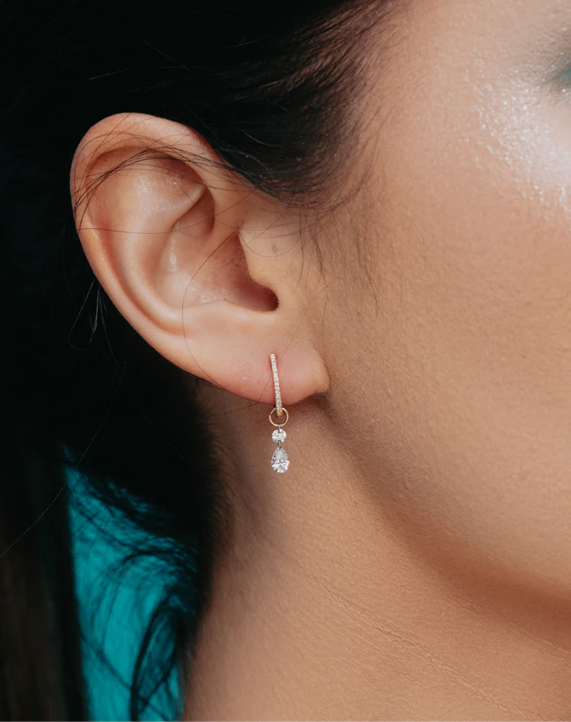 Drop Drilled Round + Pear Diamond Huggie