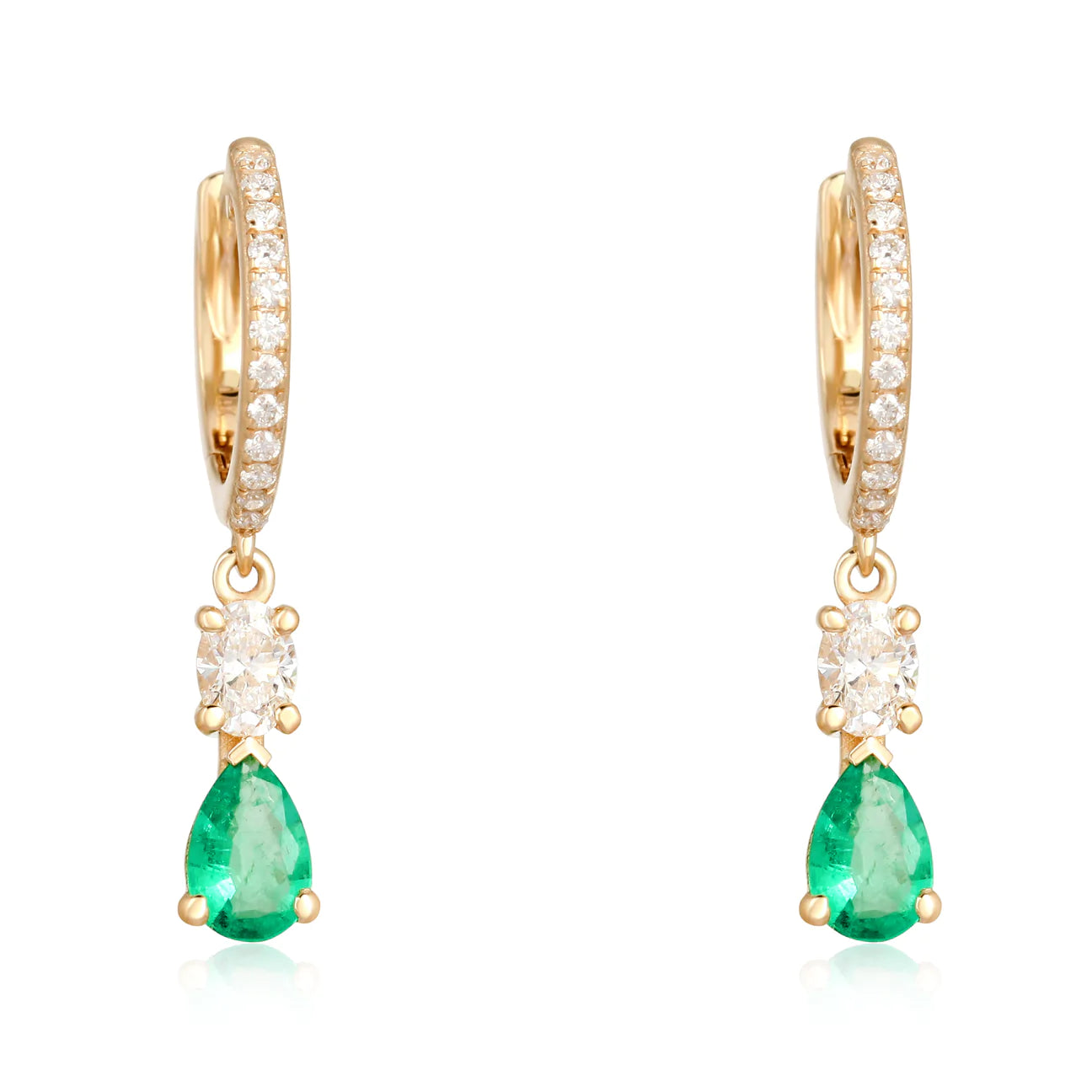 Oval Diamond + Pear Emerald Drop Huggie